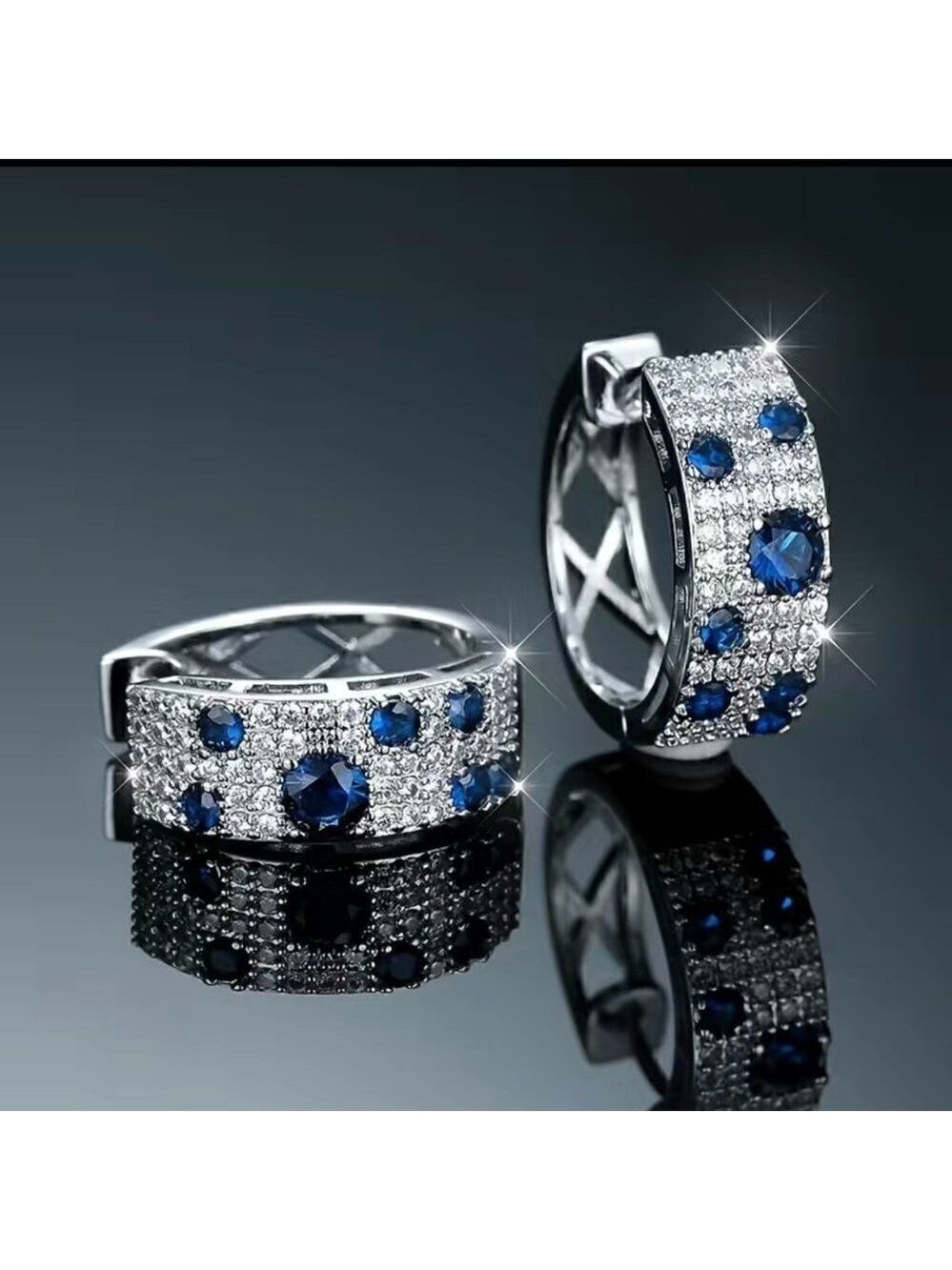 Medium Sized Huggie Earrings with Blue Stones and Tons of Bling #648
